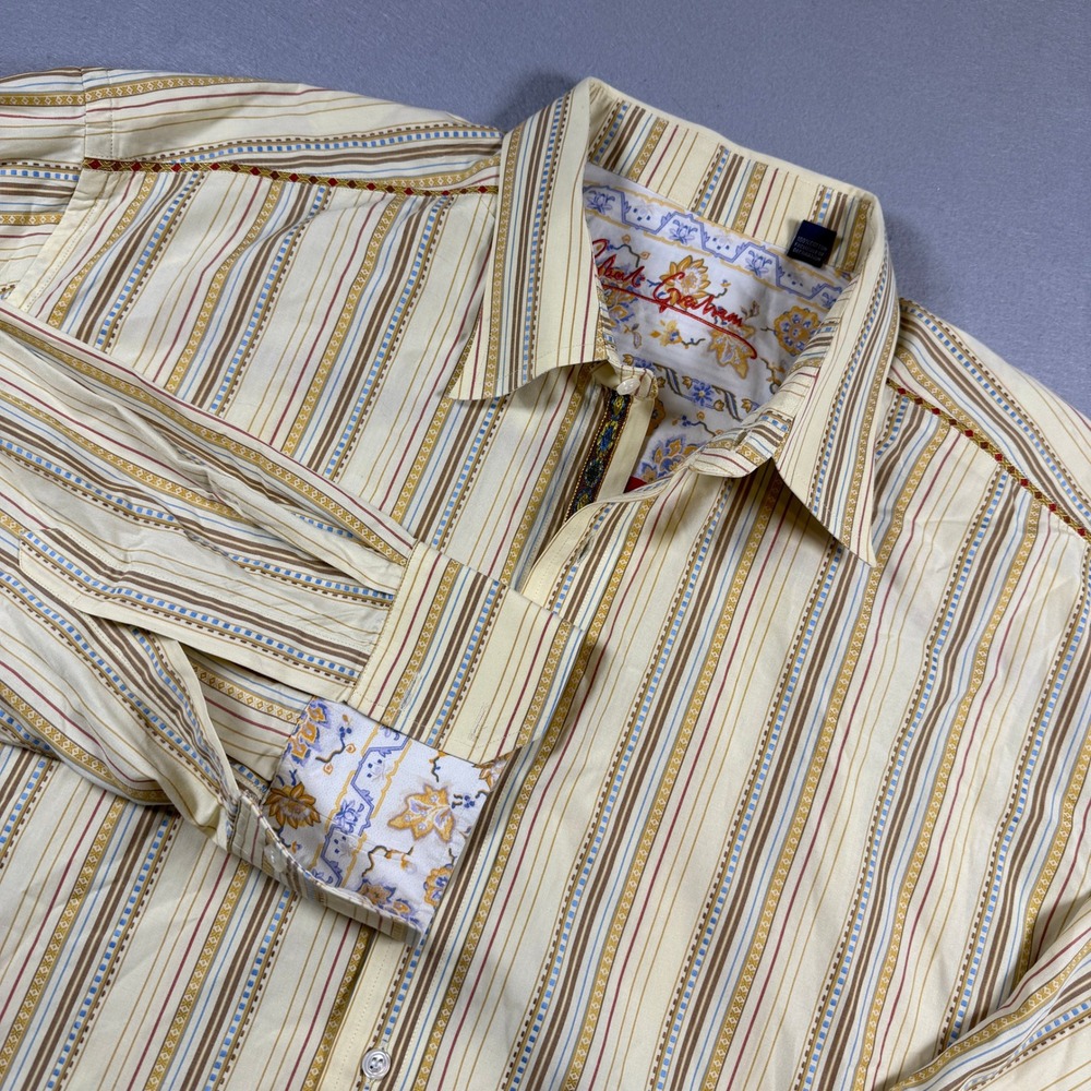 Robert Graham Button Down Shirt Mens 2XL Yellow Striped Paisley Contrast‎ Cuffs